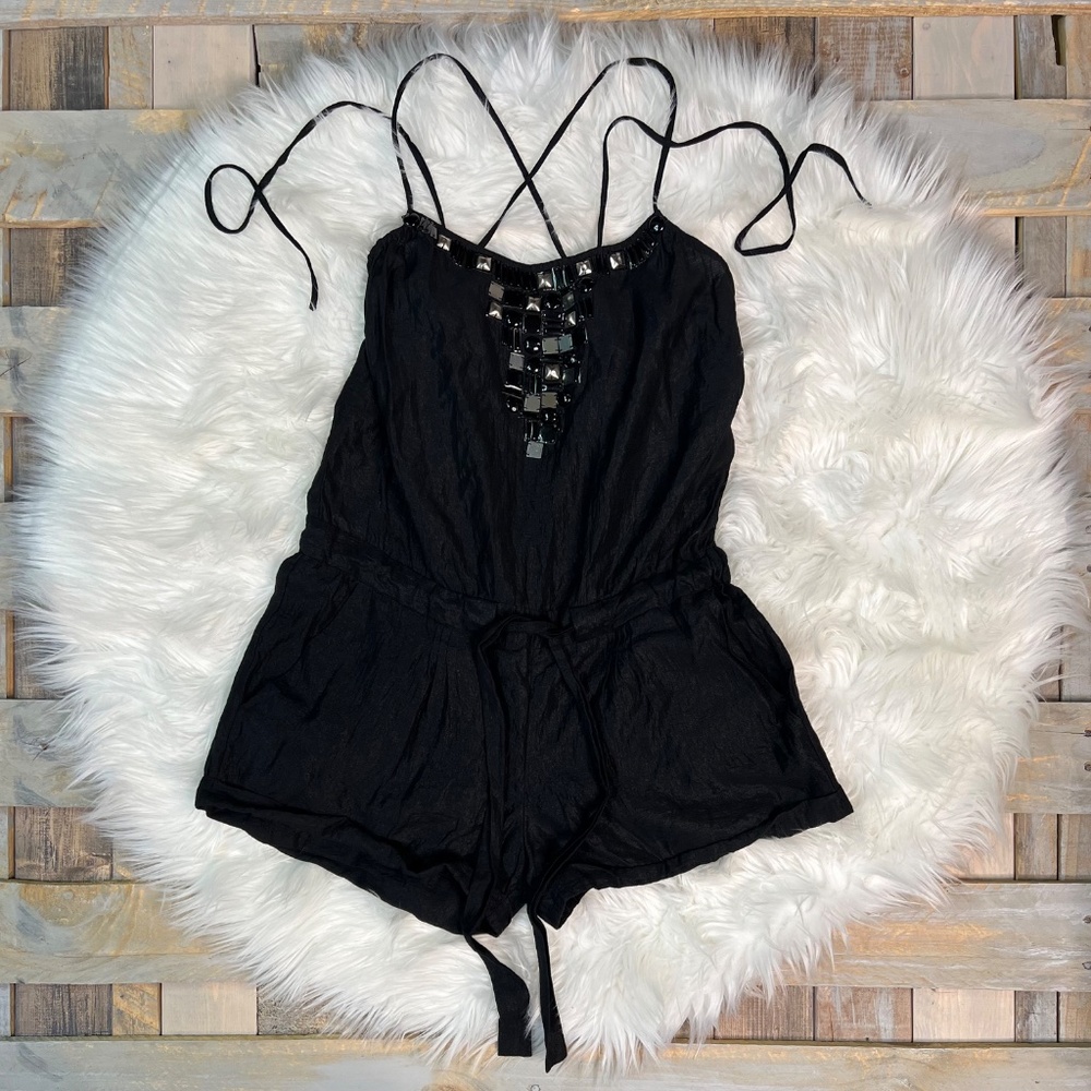 EUC [BCBGMaxAzria] Beaded Little Black Strappy Embellished Romper + Jewels | XS